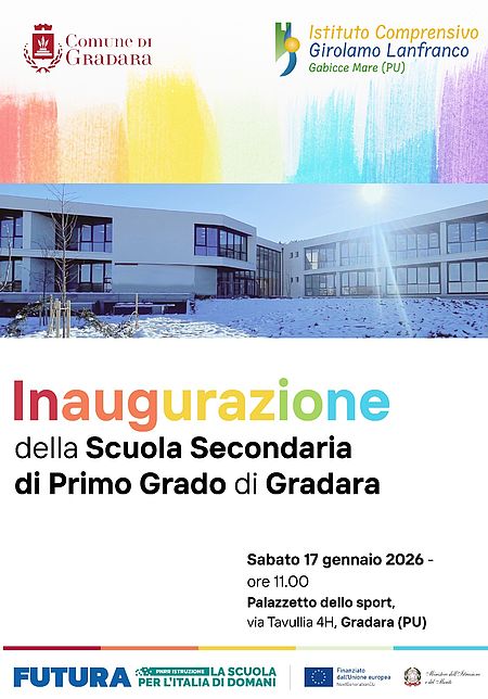Locandina che annuncia l'inaugurazione della nuova Scuola Secondaria di primo grado di Gradara
